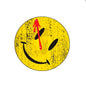 Yellow circular smiley face badge pin with red dripping center and black eyes