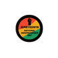 Round Juneteenth button pin with black edge, colorful flag design, raised fist and text