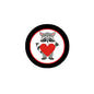 Raccoon cartoon pinback badge with red heart, black outer ring