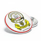 Round coat of arms family magnet with white face, red border, helmet crest and STEWART text