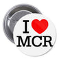 Round pinback button with black I ♥ MCR text and red heart.