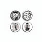 Set of four round button pins with black-and-white anime character designs