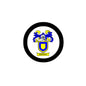 Bertram family crest coat of arms magnet, circular black border with blue shield and crest