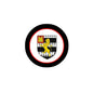 Black-edged round coat of arms pinback with lion crest inside