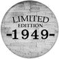 Round pinback badge with gray brick design and text "LIMITED EDITION 1949"