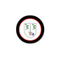 O'Dea coat arms magnet, round black border with red ring and white crest with green ribbons