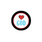 2.25-inch pinback button with GOD text and red heart, black outer rim