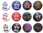 Set of pinback buttons with anarchist A symbol in white, red, blue, black colors