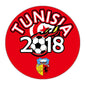 Round red Tunisia 2018 World Cup fridge magnet with soccer ball and crest