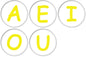 Set of round pinback buttons with yellow uppercase letters A, E, I, O, U