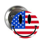 USA flag smiley face pinback button with shiny metal rim