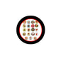 Round pinback buttons set with black border and assorted love-dove designs