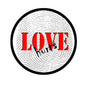 Love Hurts button pin with red and white printed text design