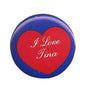 Round pinback button with blue border and red heart reading “I Love Tina” in white cursive
