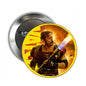 Round torch-themed pinback badge with colorful illustrated center and silver metal backing