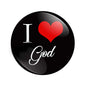 Black 3-inch pinback button with red heart and white God lettering