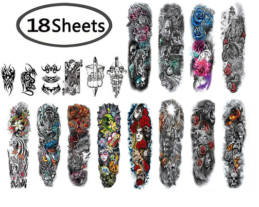 Unisex full-arm tattoo sleeve set, 10 fabric designs with dark and colorful artwork
