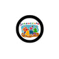 2.25-inch Juneteenth pinback button with black rim and colorful dancing figures illustration