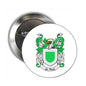 Round coat of arms pinback badge with green St Paul shield and decorative lions