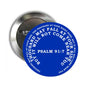 2.25-inch pinback button with blue circular quote text and silver border
