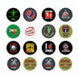 12-pack zombie humor pinback buttons, round designs with zombie slogans and icons