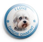 Pinback button with white dog face and blue 'I LOVE DANDIE DINMONT' text