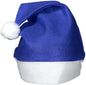 Blue felt Santa hat with white trim and pom-pom cuff