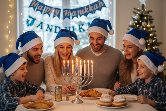 Set of blue felt Santa hats with white trim and pom-poms, worn by family