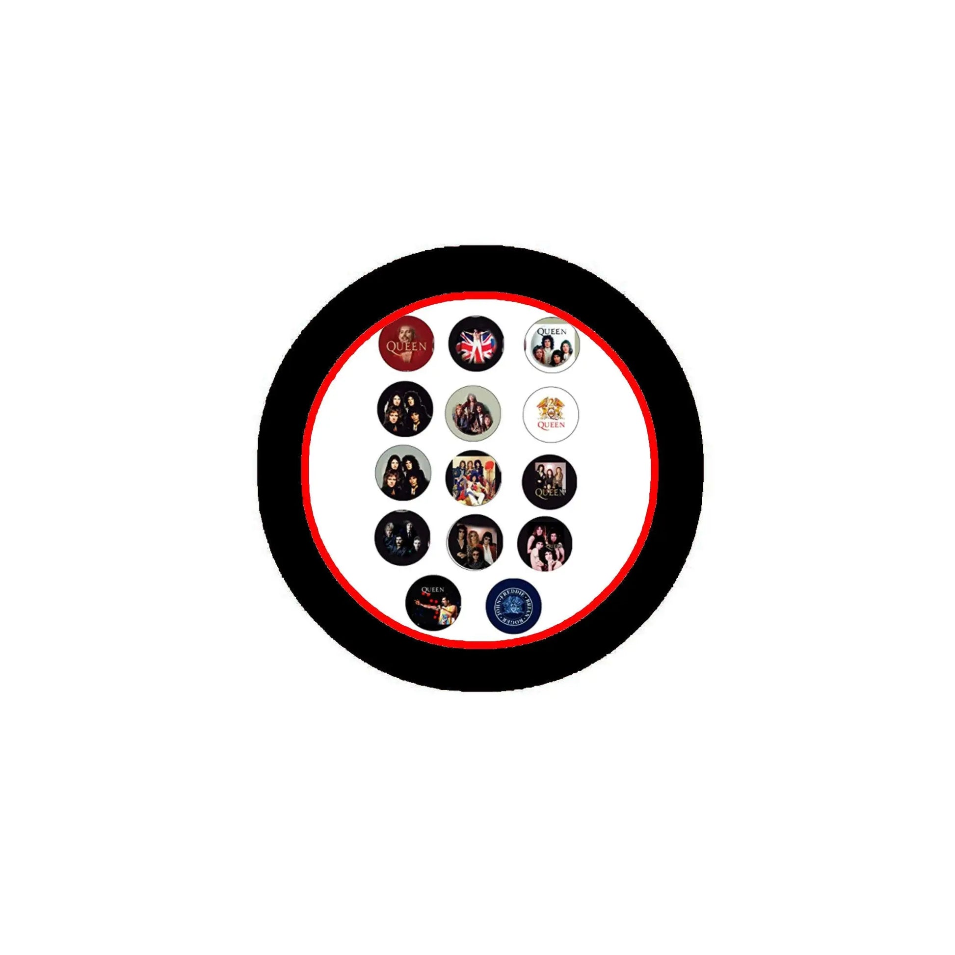 Set of round pinback button badges, black border with multiple themed face designs