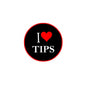 Round pinback badge with black background, red border, and 'I ♥ TIPS' lettering