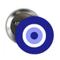 2.25-inch evil eye pinback button badge with blue and white concentric circle design