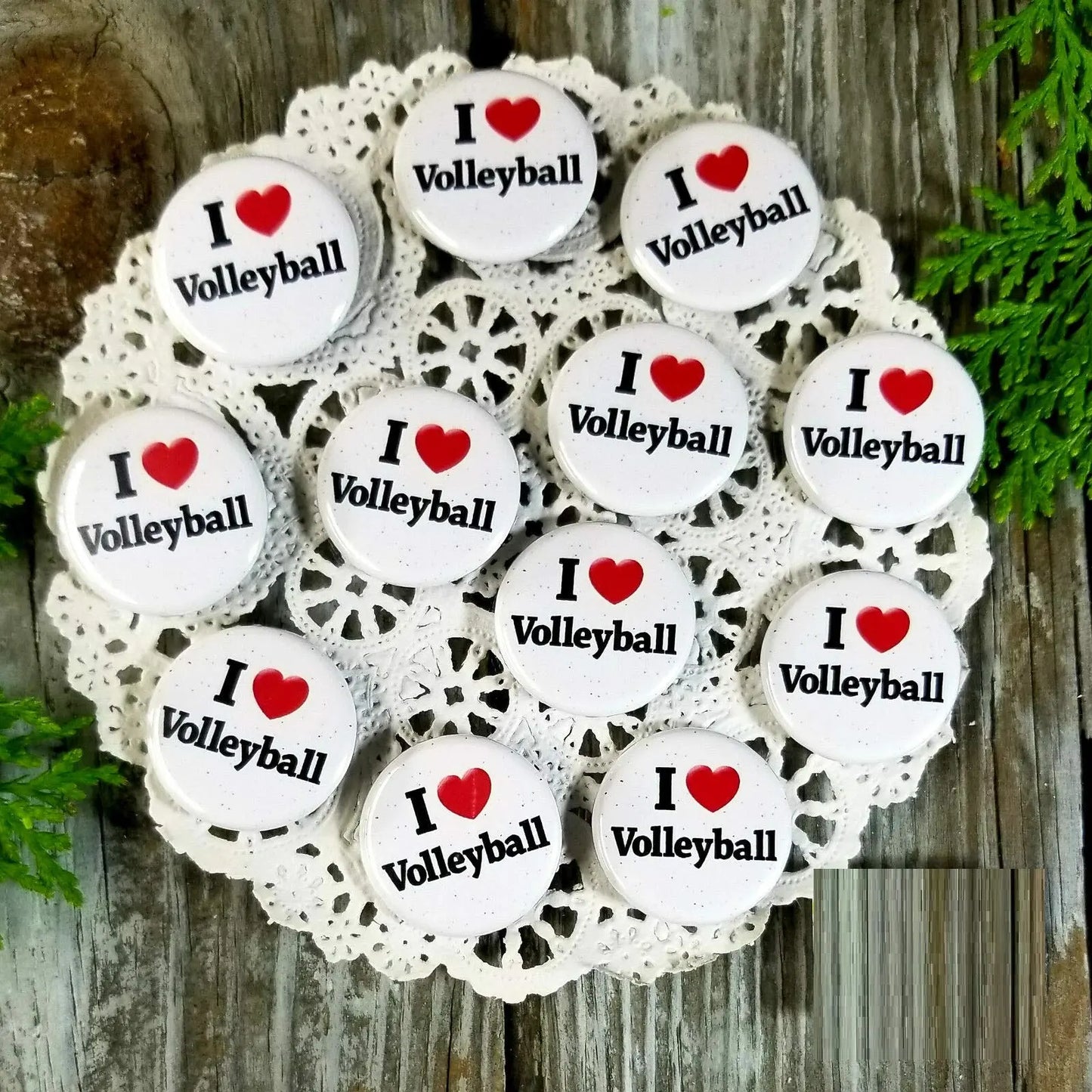 Volleyball pinback buttons, white round badges with red heart and “I love Volleyball” text