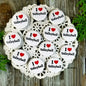 Volleyball pinback buttons, white round badges with red heart and “I love Volleyball” text