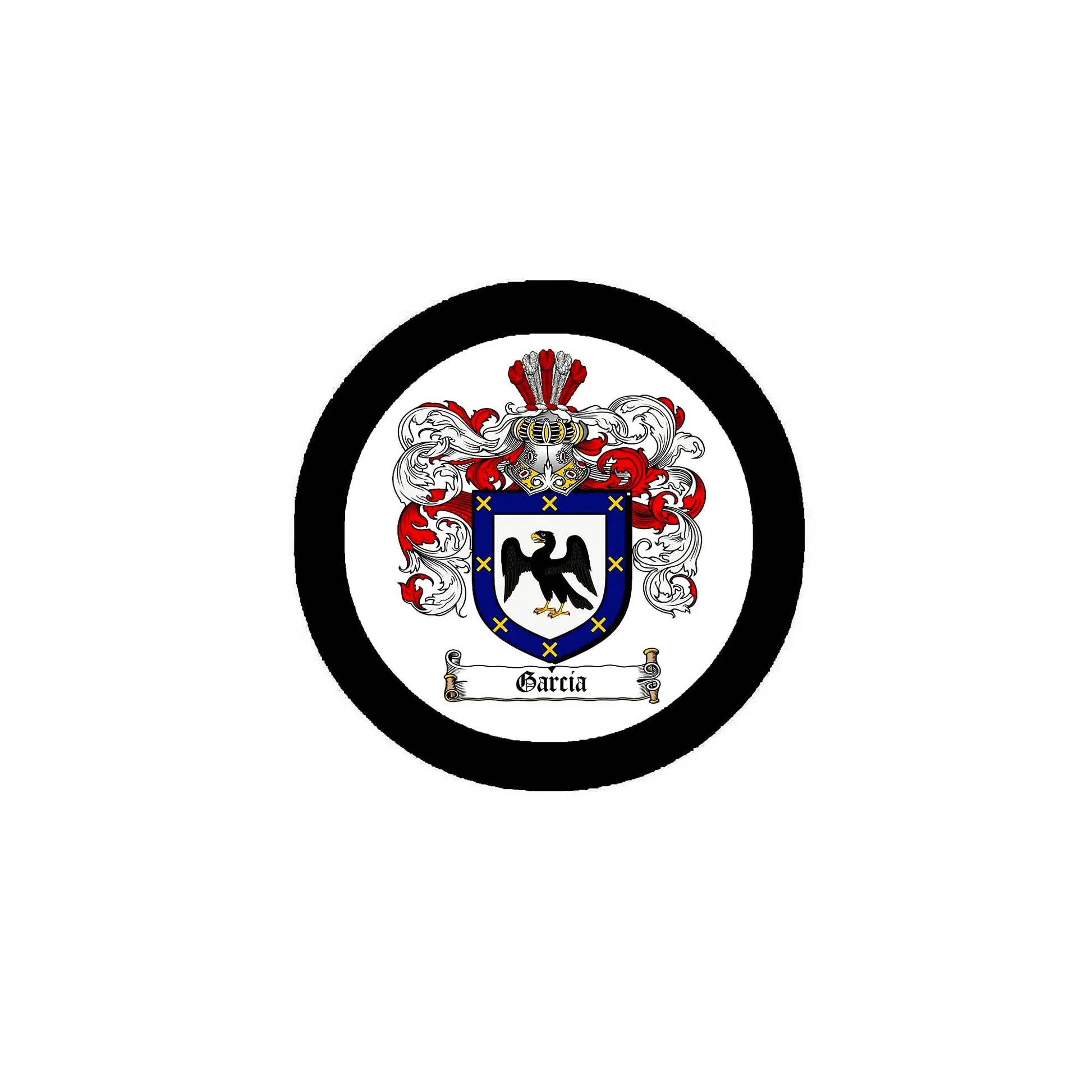 Round coat of arms pin badge with black border and colorful shield crest