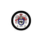 Round coat of arms pin badge with black border and colorful shield crest