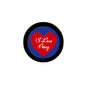 2.25-inch pinback button with black rim, blue circle, red heart, white “I Love Penny” text