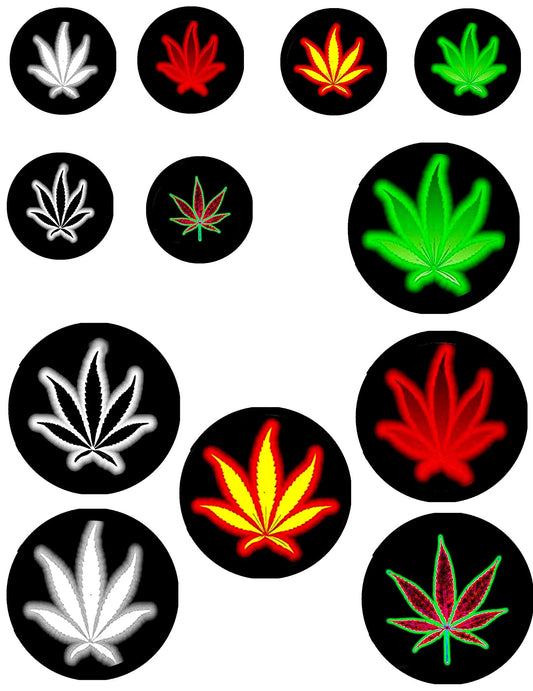 Round pinback badge set with black background and colorful cannabis leaf icons
