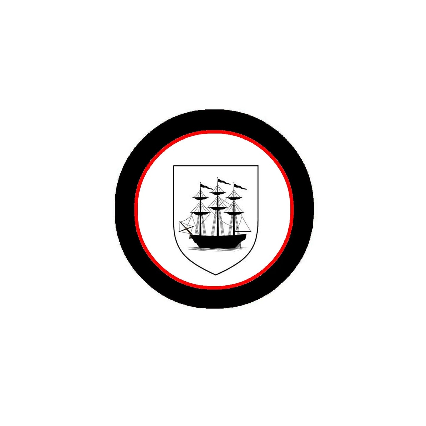 Round black-and-red coat of arms magnet with sailing ship shield