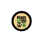 Round 2.25-inch pinback button with black rim, beige center, “PEACE NOT WAR” and peace symbols