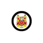 Round crest pin badge with Smith shield, red banner, and black outer border