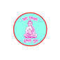 Round pinback button with red rim, mint background, purple seated figure and text