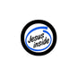 Round pinback button, black rim, blue/white center with 'Jesus inside'