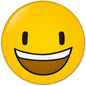 Yellow smiley face pinback button, 2.25 in (58 mm), round metal badge