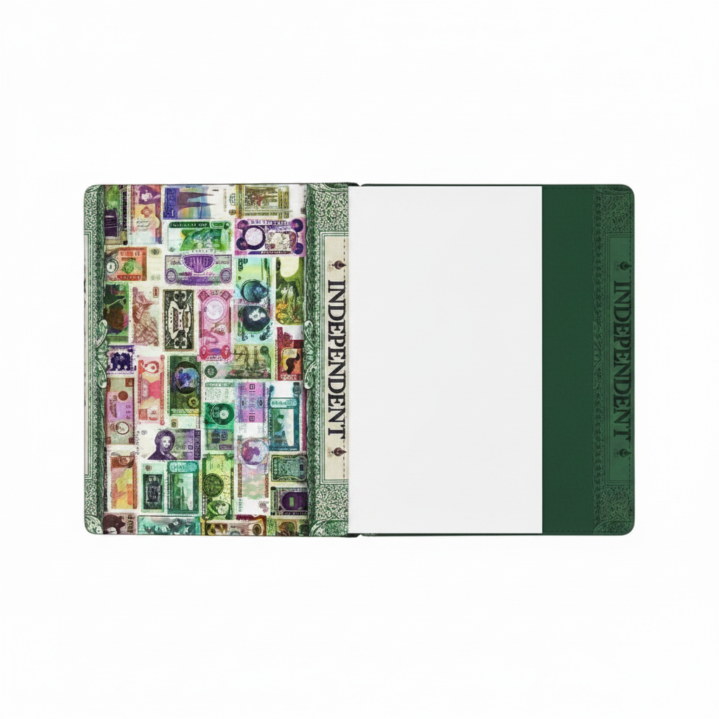 Passport cover wallet in green with banknote collage print and INDEPENDENT text panel
