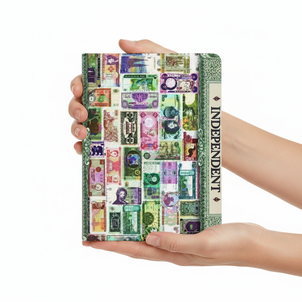 Passport cover held in hands with green banknote print and vertical INDEPENDENT text
