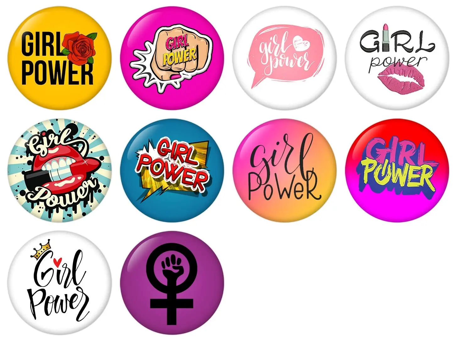 Girl Power pinback button badge set, 10 pack of 1-inch circular designs with slogans