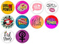 Girl Power pinback button badge set, 10 pack of 1-inch circular designs with slogans