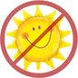 Yellow sun face warning pin badge with red crossed circle