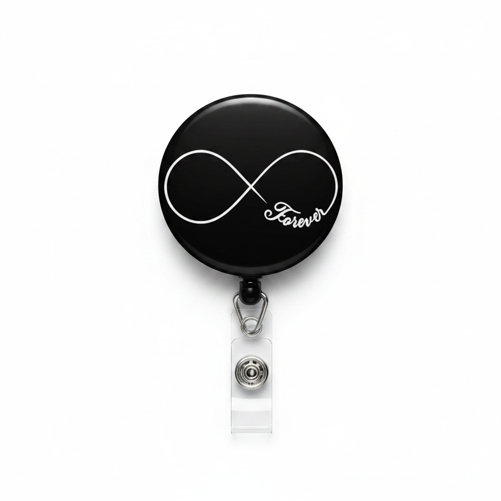 Black retractable badge reel with infinity design, key clip, and cord pull