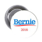 Bernie 2016 round pinback button with blue Bernie text, red 2016, silver back